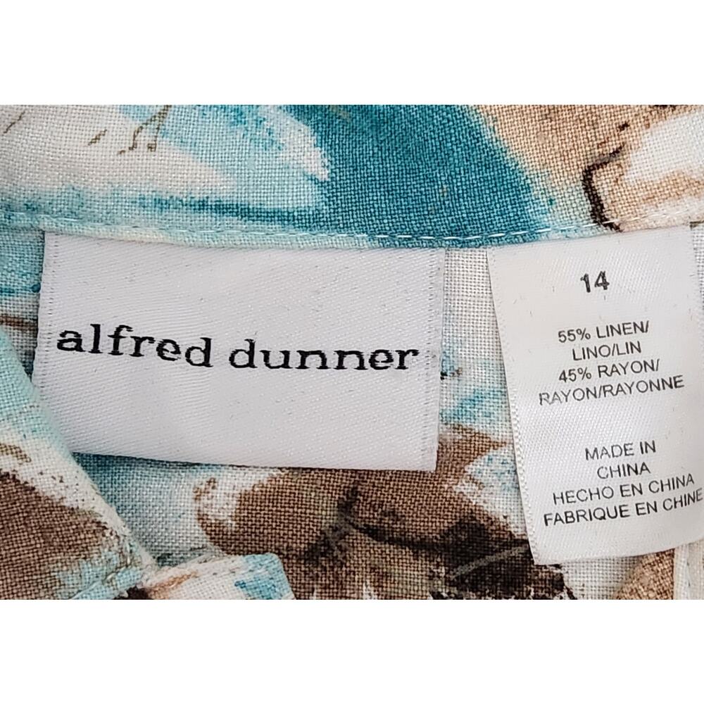 VTG Alfred Dunner Teal Tan Floral Print Button Up Top 14 Lightweight Collard - Picture 5 of 5